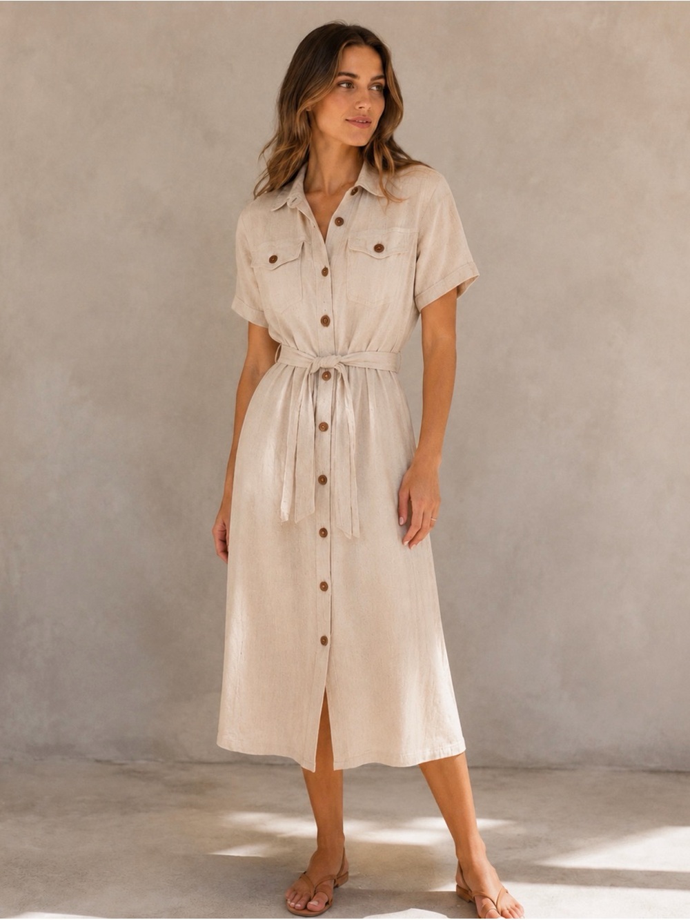 stradivarius Oatmeal Linen Button-Front Maxi Shirt Dress with Waist Tie